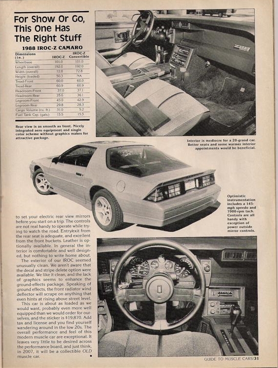 Driving Impression IROC 5.7L Guide to Muscle Cars April 1988