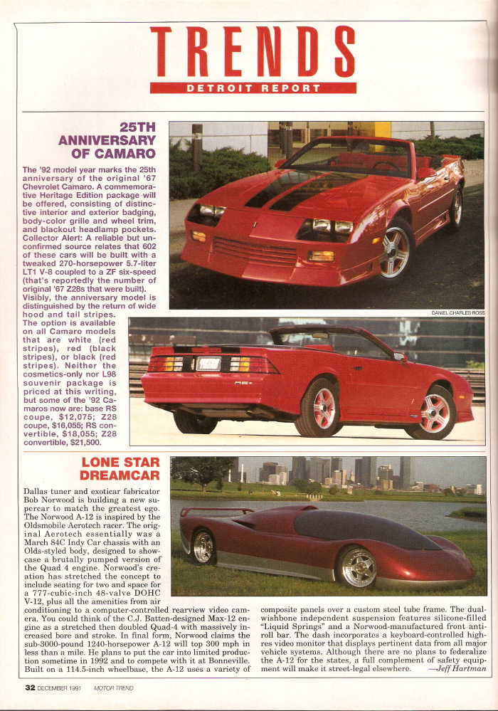 25th Anniversary of Camaro - Motor Trend - December 1991