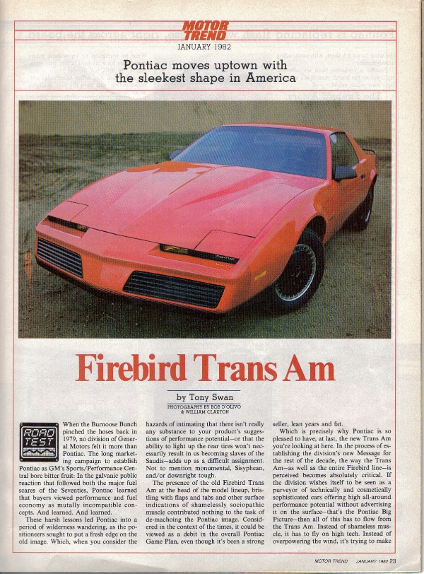 1982 Firebird Trans Am - Motor Trend January 1982