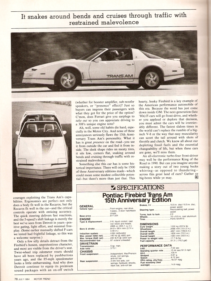 15th Anniversary Trans AM - Motor Trend - July 1984