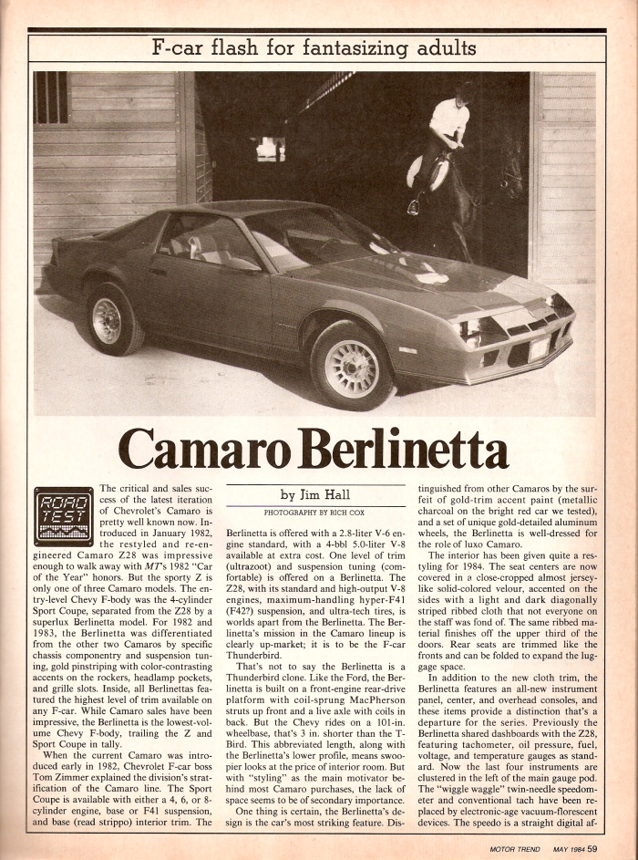 Camaro Berlinetta - Motor Trend - May 1984