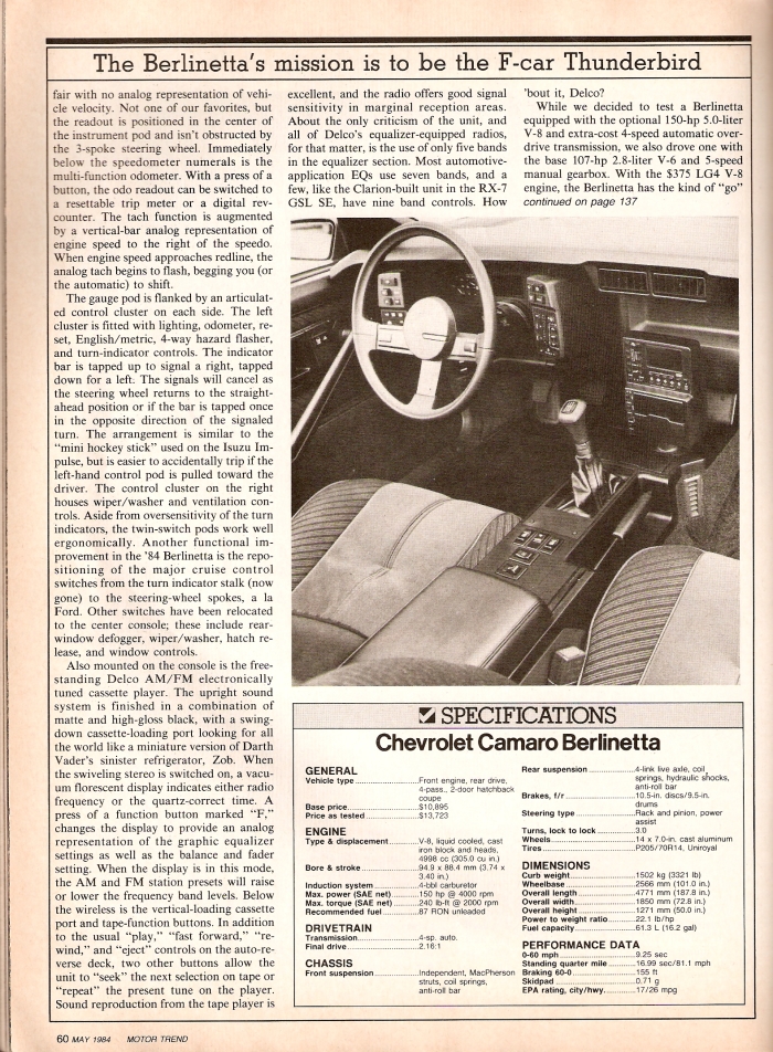 Camaro Berlinetta - Motor Trend - May 1984