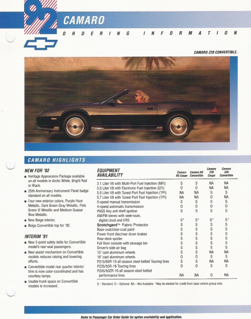 1992 Camaro Order Brochure