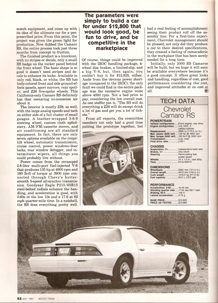 Chevrolet Camaro RS Road Test - Motor Trend - May 1987